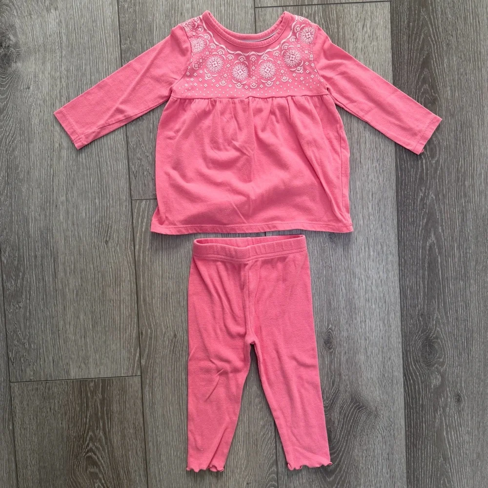 KIDS KORNER 2PC LONG SLEEVE TUNIC TOP AND RIBBED LEGGINGS OUTFIT SET PINK 18MO